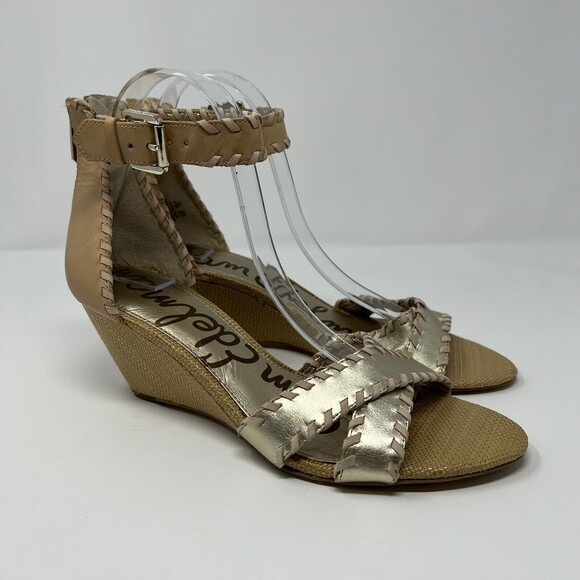 Sam Edelman Silvia Beige Gold Leather Zipper Back Wedge Sandals Size 8.5M NEW - Picture 4 of 7